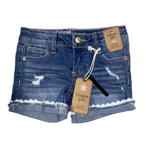 Girls Hippie Girl Denim Blue Jean Shorts with white lace trim Size 4 NWT